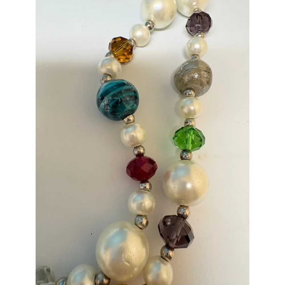 Multicolor Double Strand Beaded Necklace Faux Pearl Art Glass Statement Silver